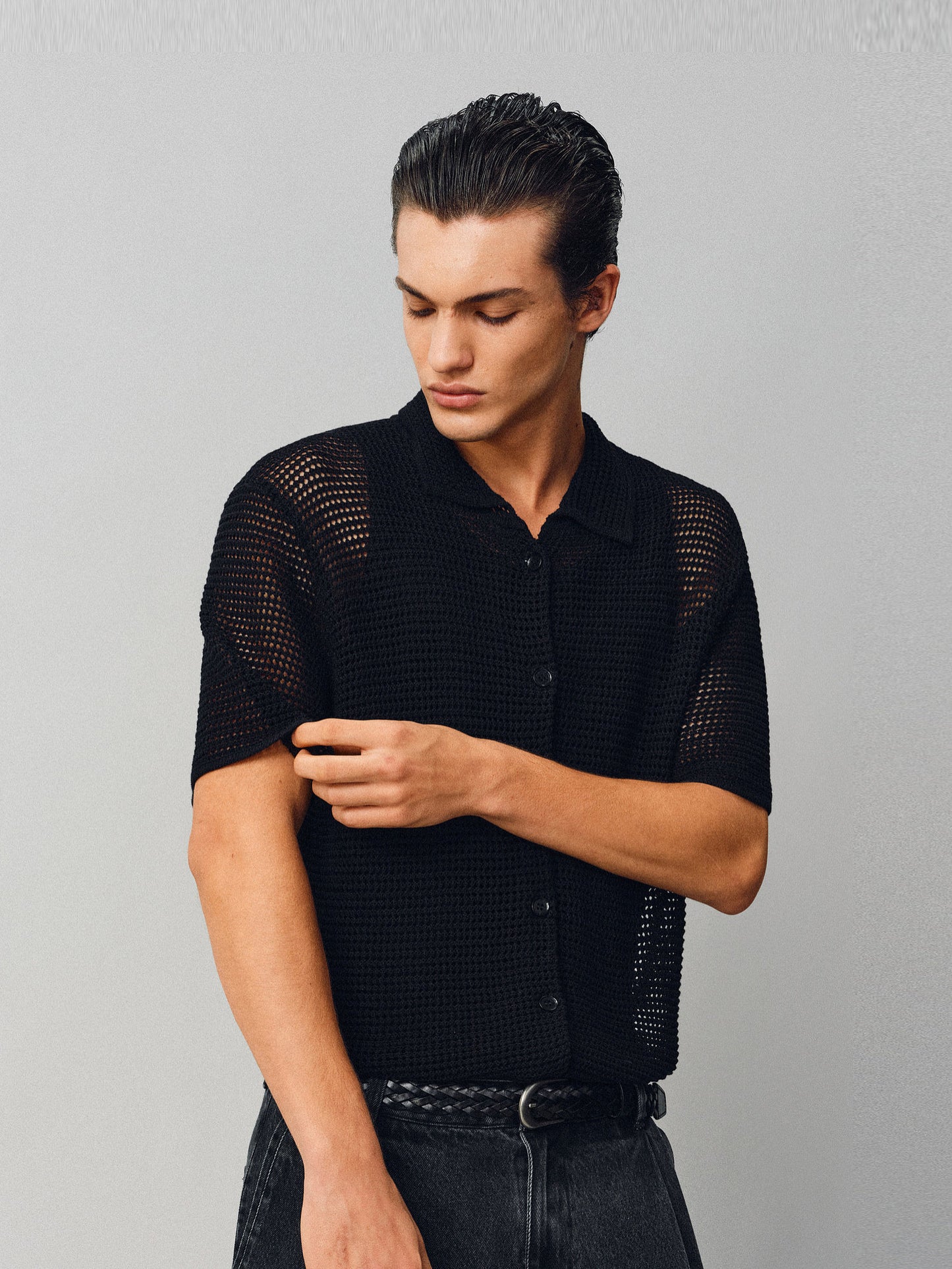 Hollow-knit Button-Down Shirt