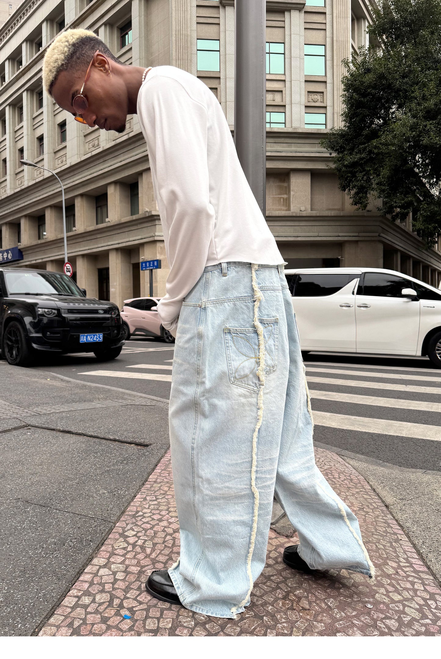 Wash-treated Patchwork Denim Pants