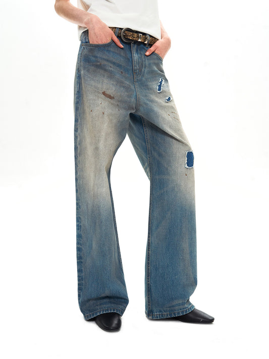 Embroidered Straight-Leg Jeans with Distressed Finish
