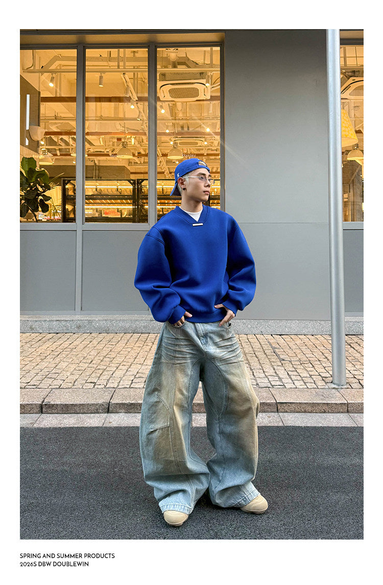 Wide-Shoulder Airy V-Neck Sweatshirt