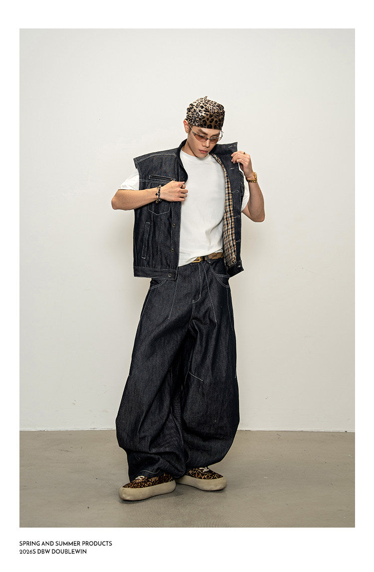 Lined Stand-Up Collar Denim Vest