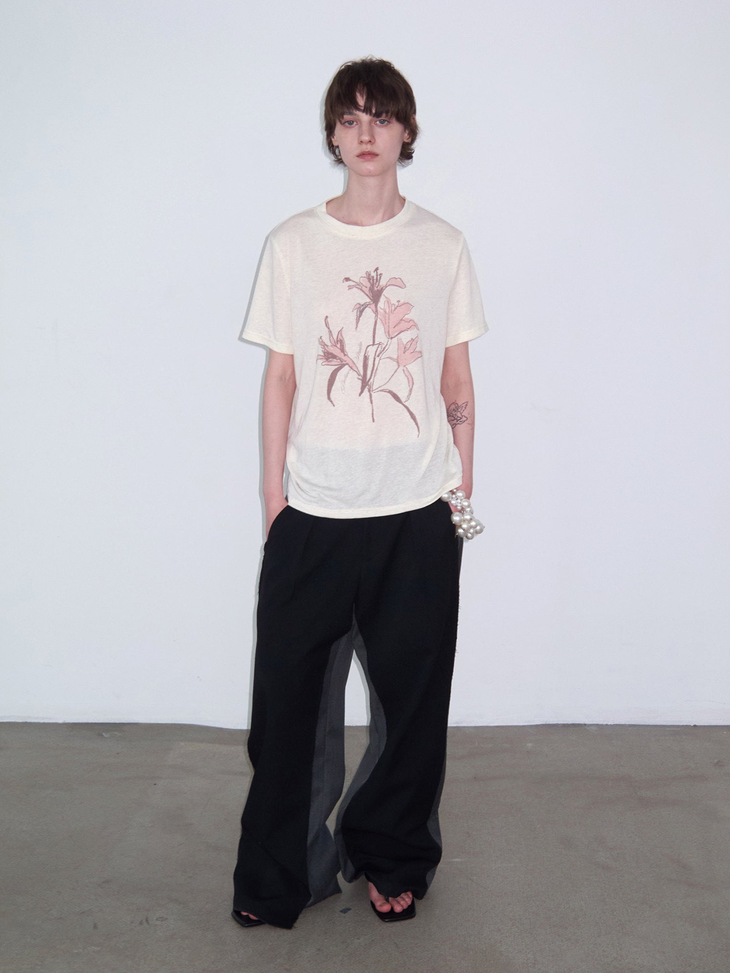 Hand-Painted Floral Print, Slightly Sheer T-Shirt