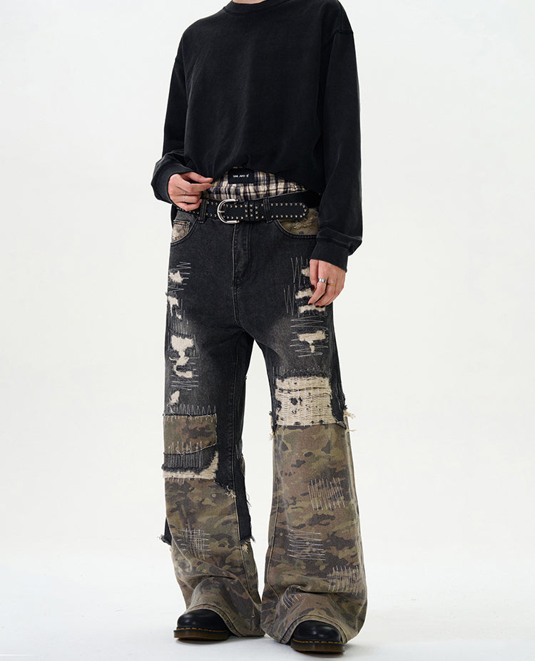 Random Stitch Embroidery Patchwork Jeans