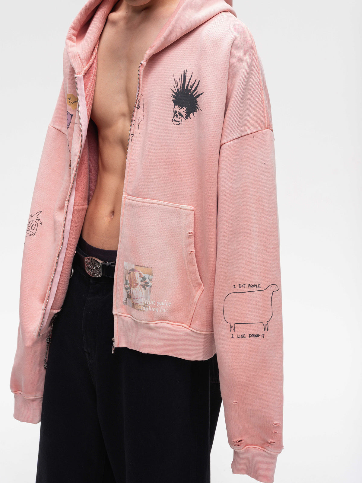 Wash-Distressed Zip-Up Sweatshirt