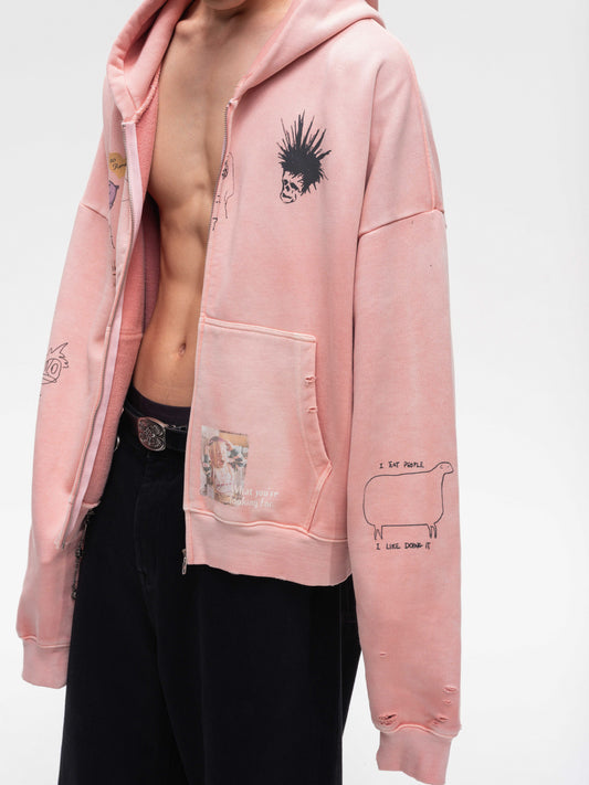 Wash-Distressed Zip-Up Sweatshirt