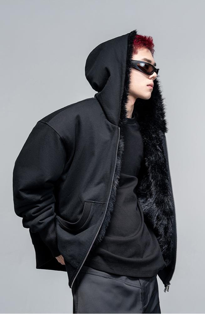 Imitation fox fur reversible hooded sweatshirt