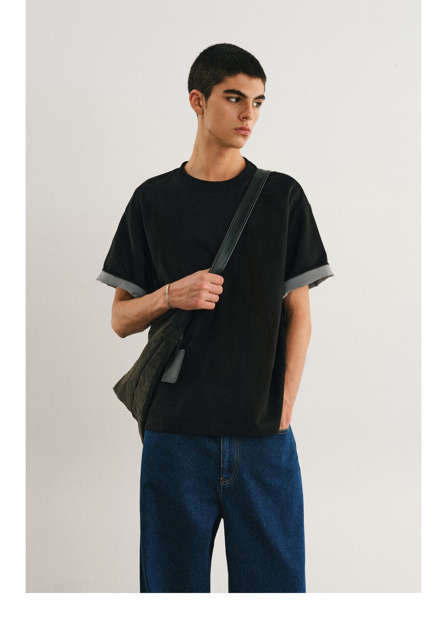 Hound's tooth sleeve T-shirt