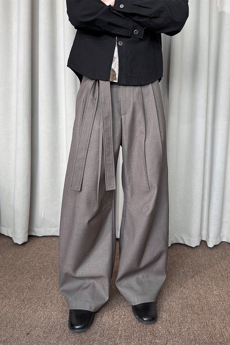 Pleated Adjustable Ribbon Wide-Leg Pants