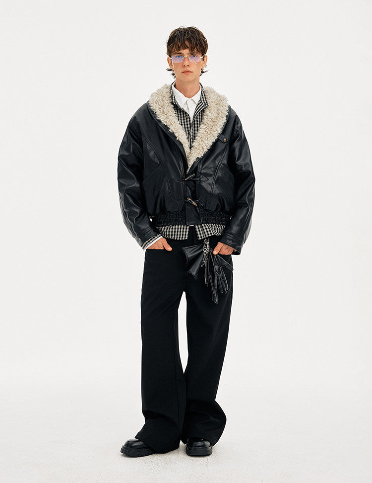 Horn Button Fur Collar Leather Jacket