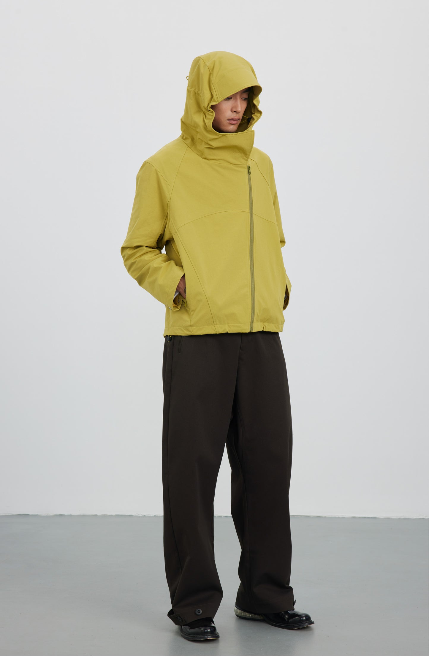 Diagonal Placket High Collar Hooded Jacket