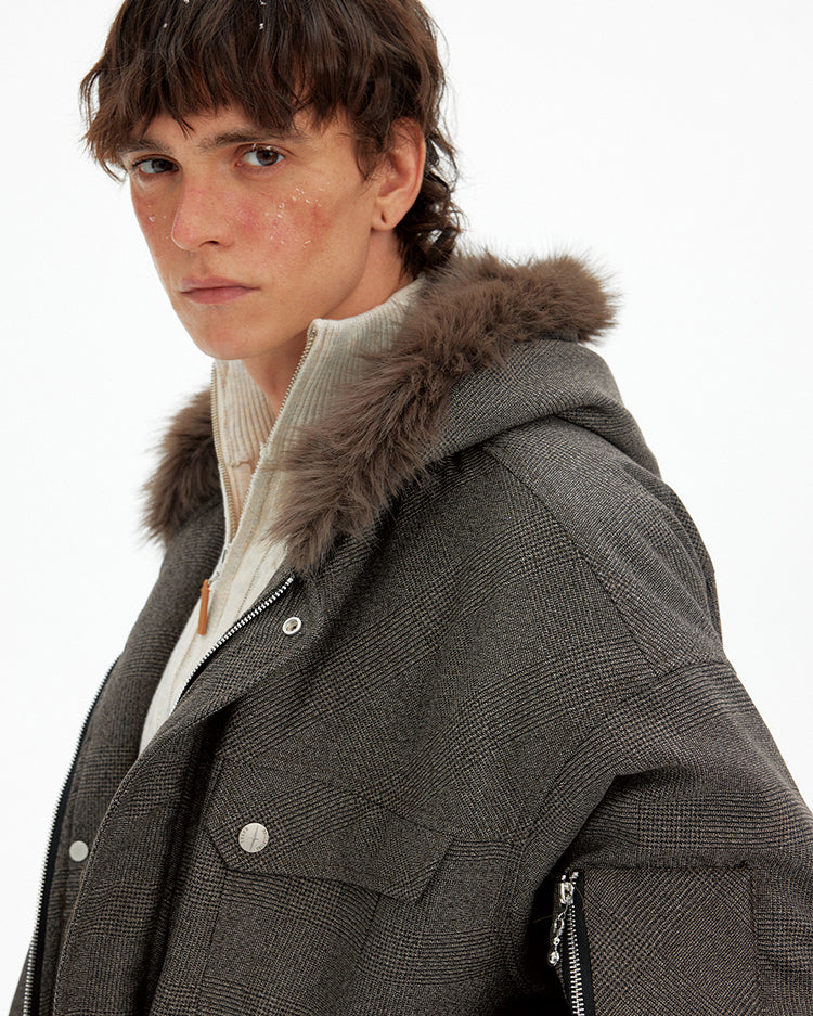 Houndstooth Fur Collar Cotton Jacket