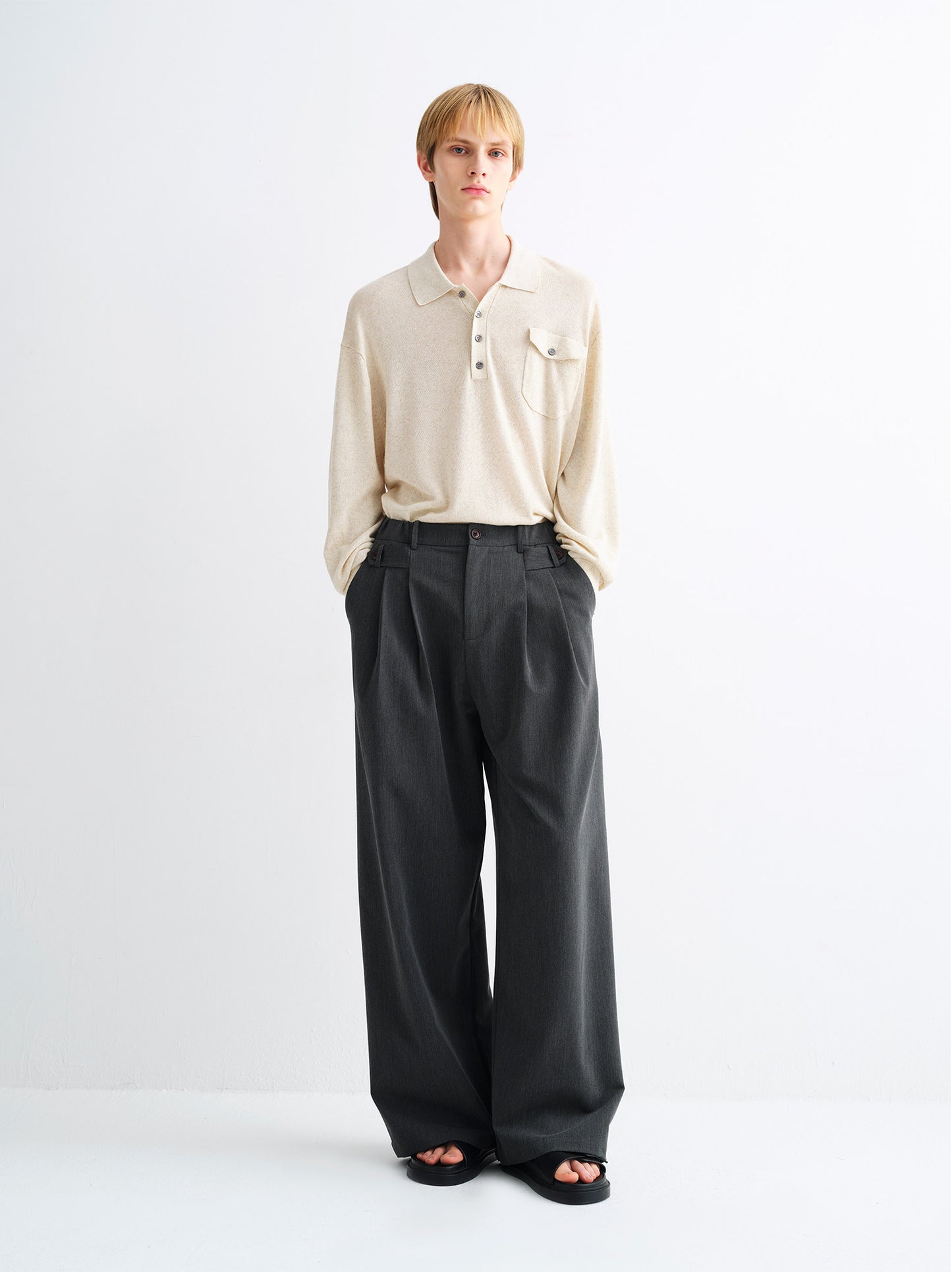 Casual Pants with Double-Pleated Waist Loop Design