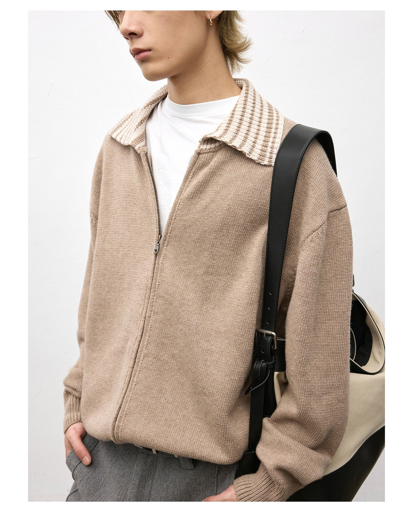 Color Block Lapel Zipper Sweater