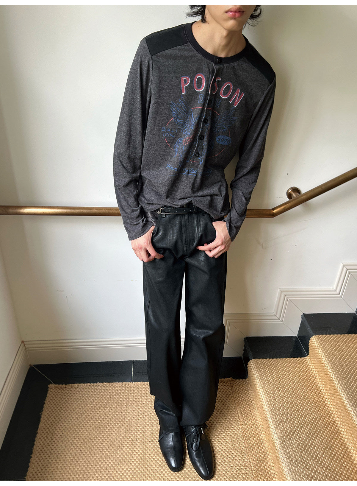 Vintage-Print Henley-Neck T-Shirt