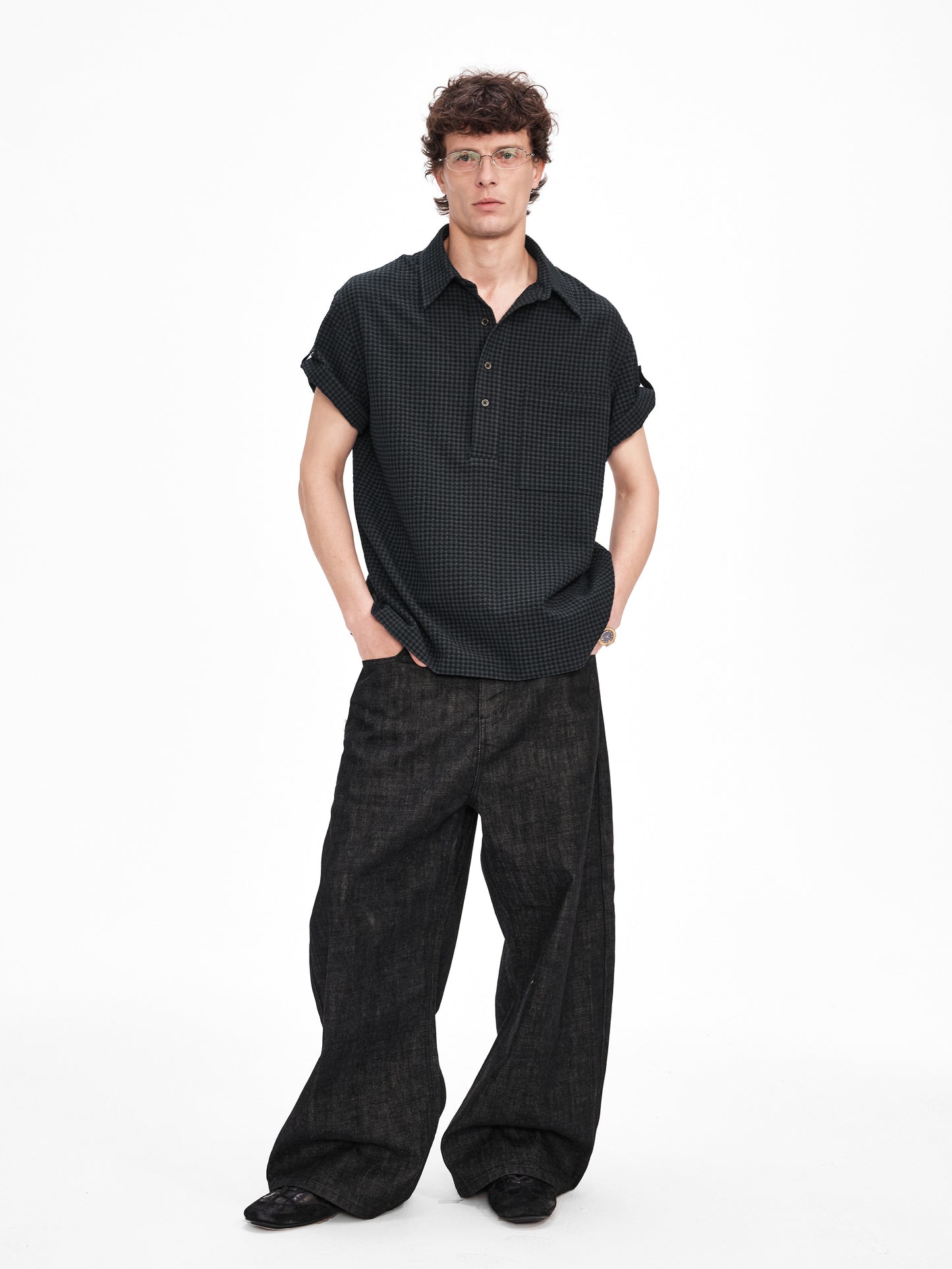 Half-Button Bubble Check Shirt