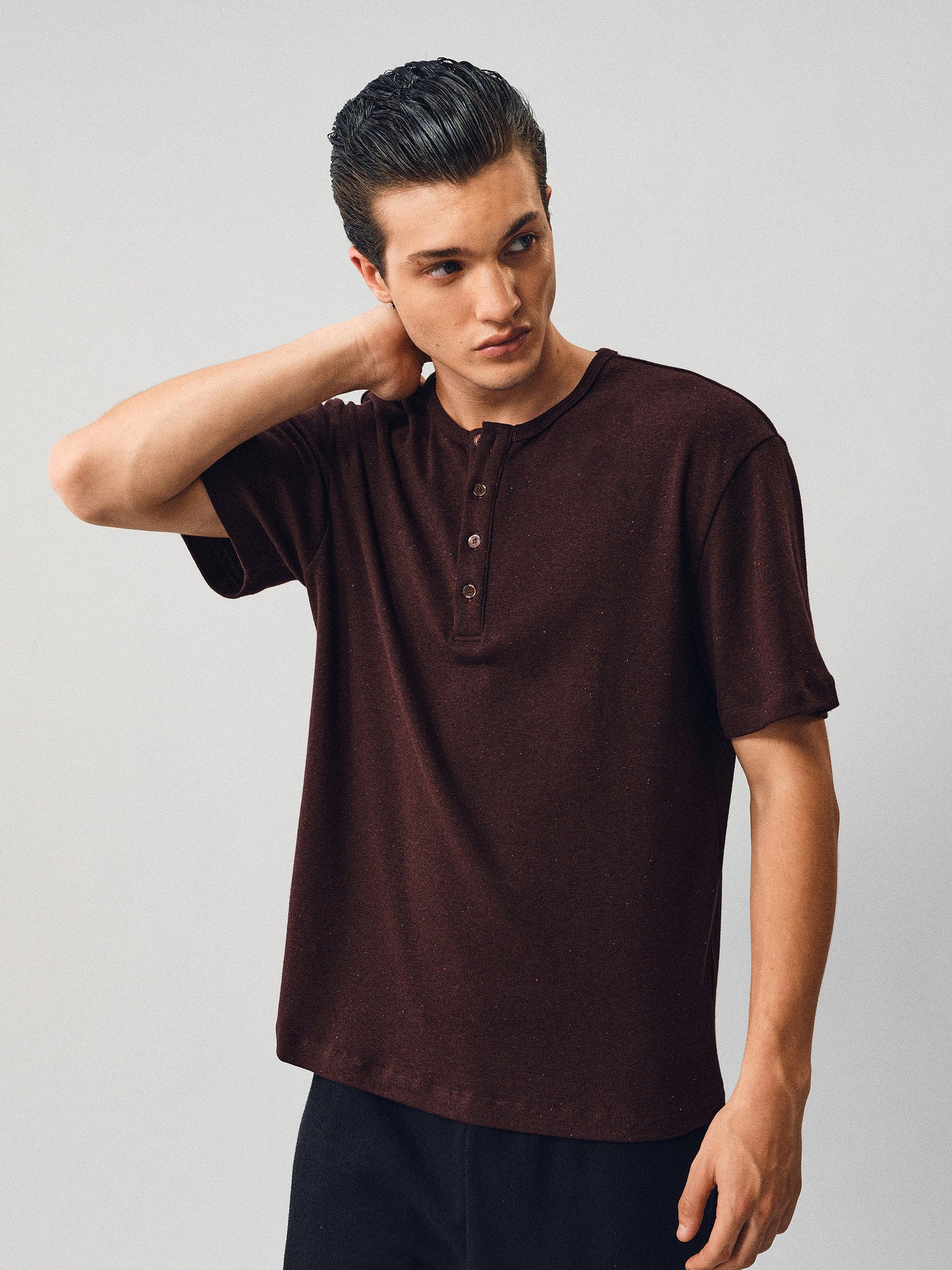 Henley-Collared Button-Down T-Shirt