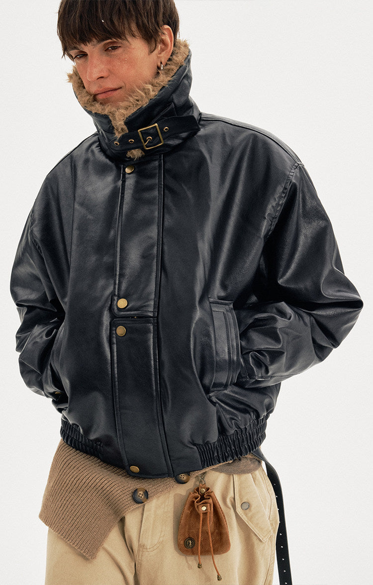 Padded Distressed PU Leather Jacket