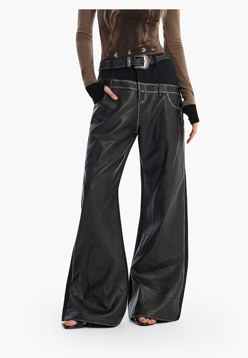 Faux Two-Piece Double-Waist Patchwork Leather Pants