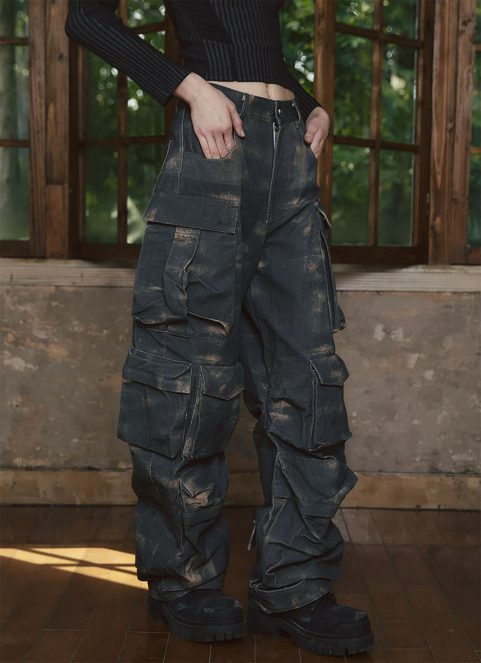 Old rusty stain dyed multi pocket denim pants