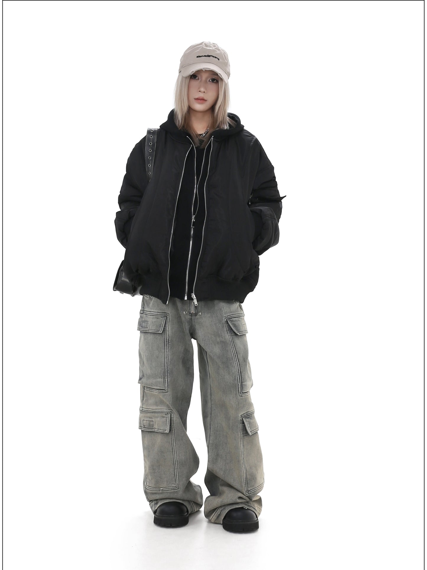 Faux two-piece short hooded jacket