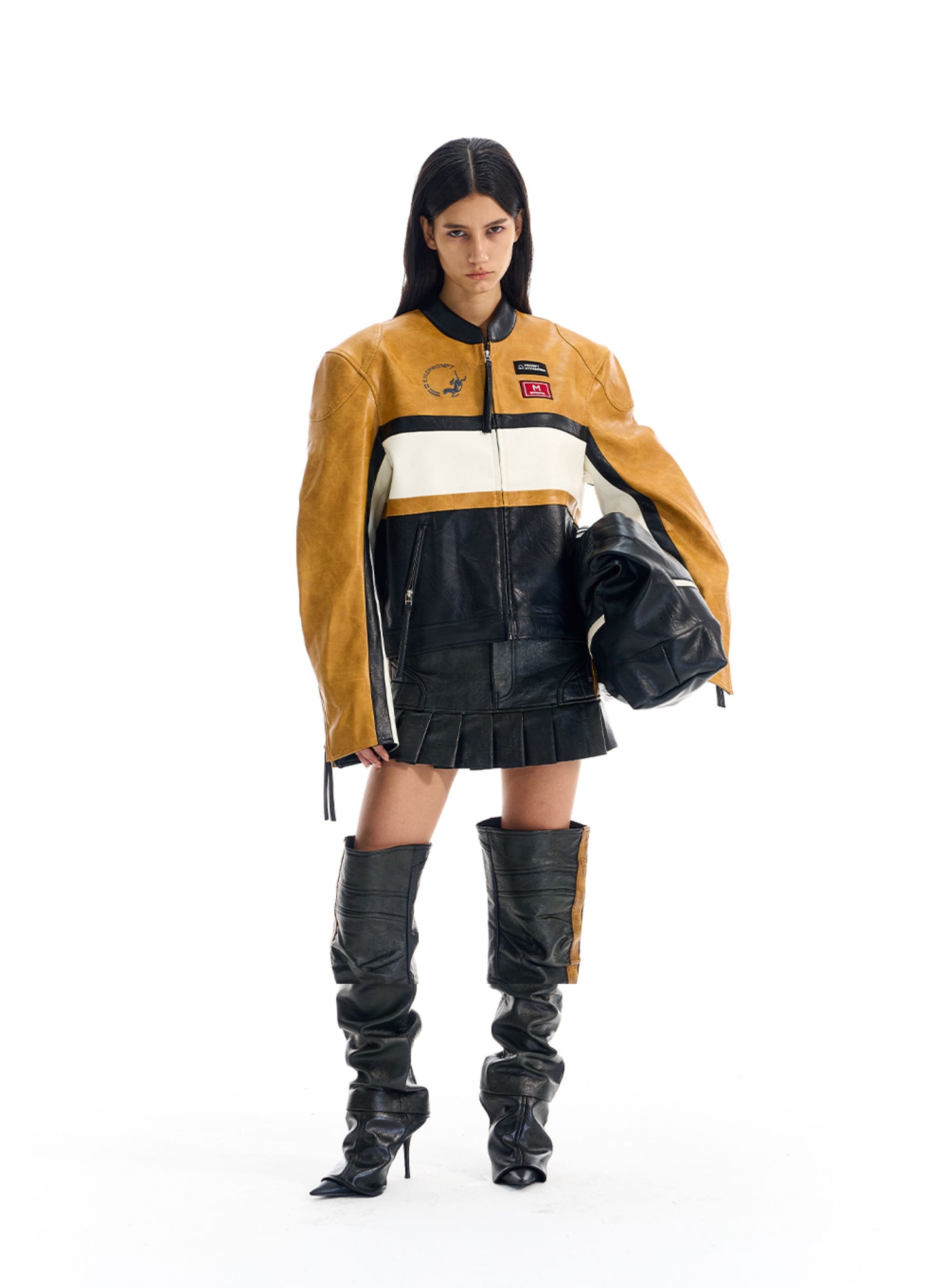 Contrast Color Leather Jacket