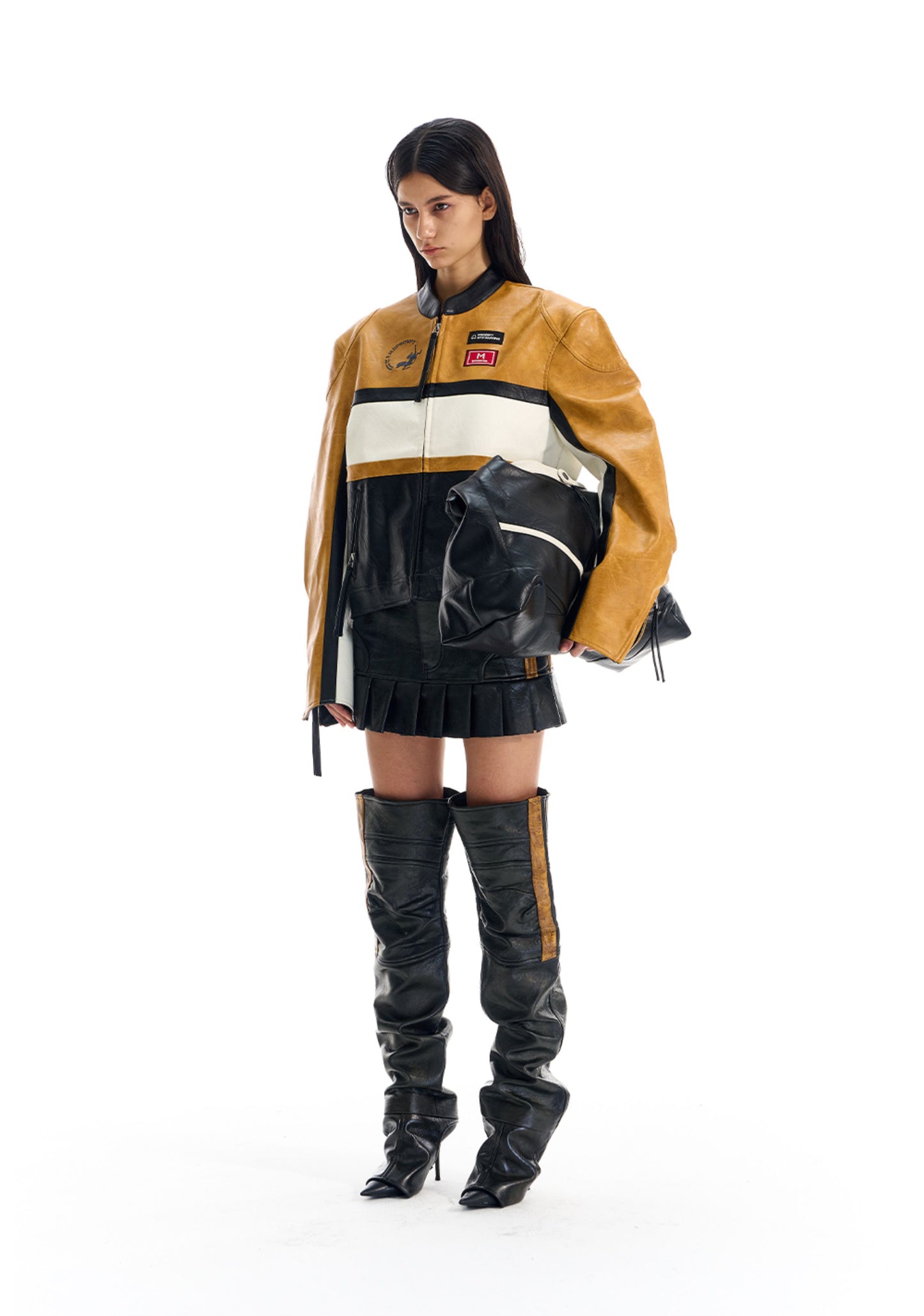 Contrast Color Leather Jacket