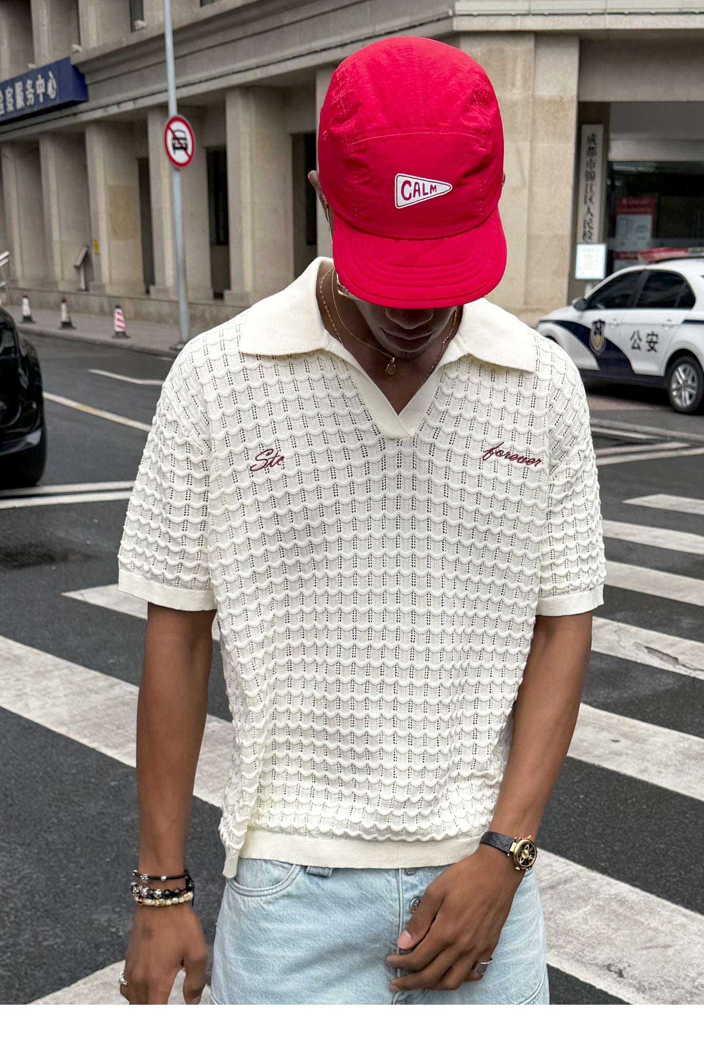 Embroidered Jacquard V-Neck Polo Shirt