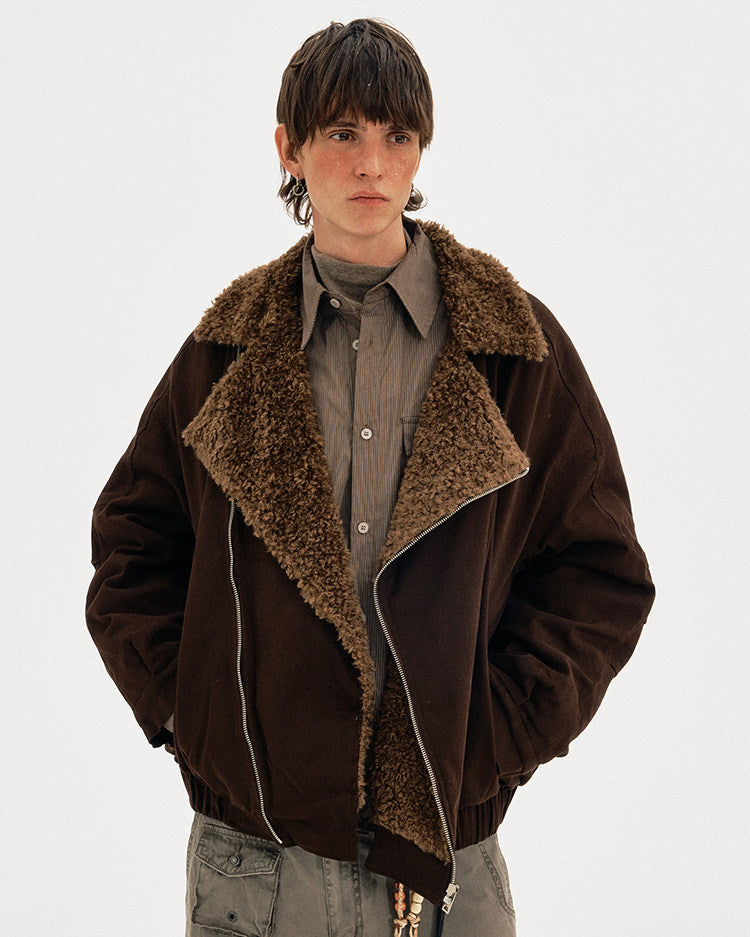 Diagonal Zipper Lambswool Collar Cotton Jacket