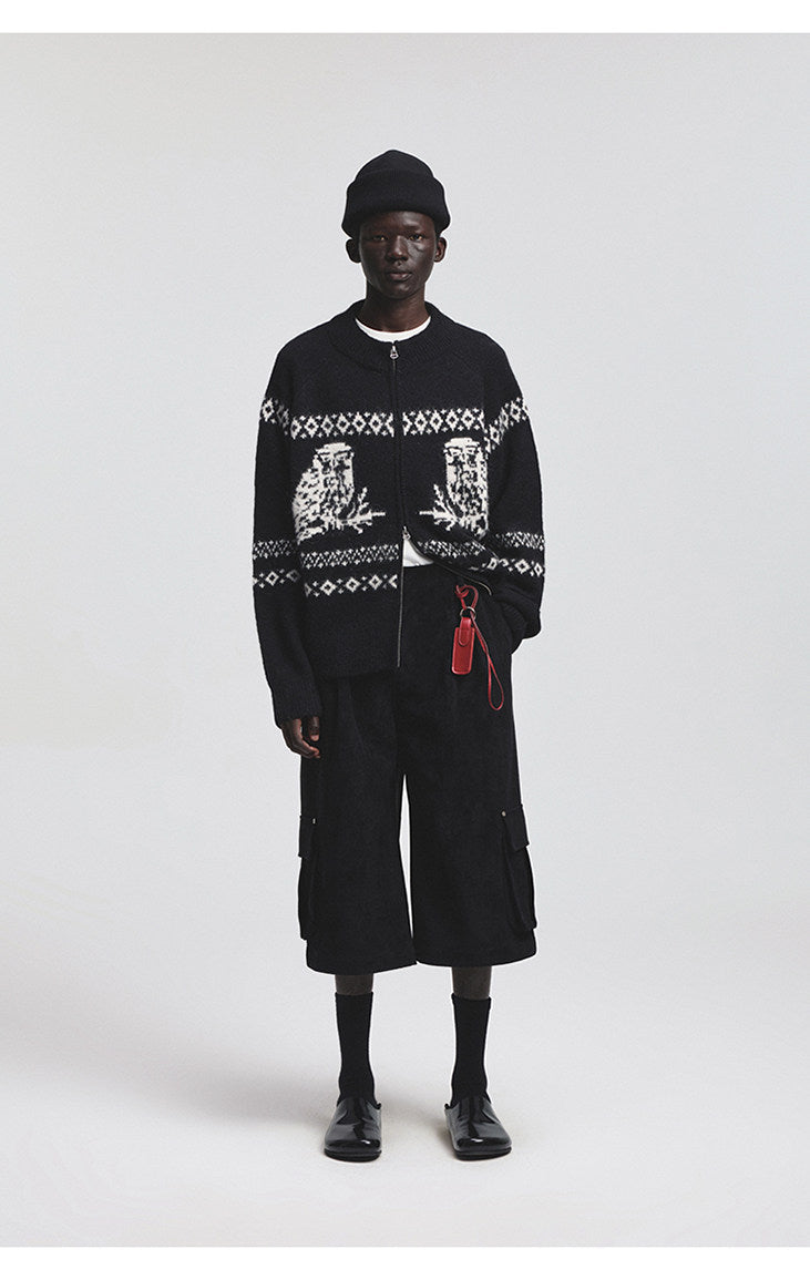 Vintage Animal Jacquard Zipper Cardigan