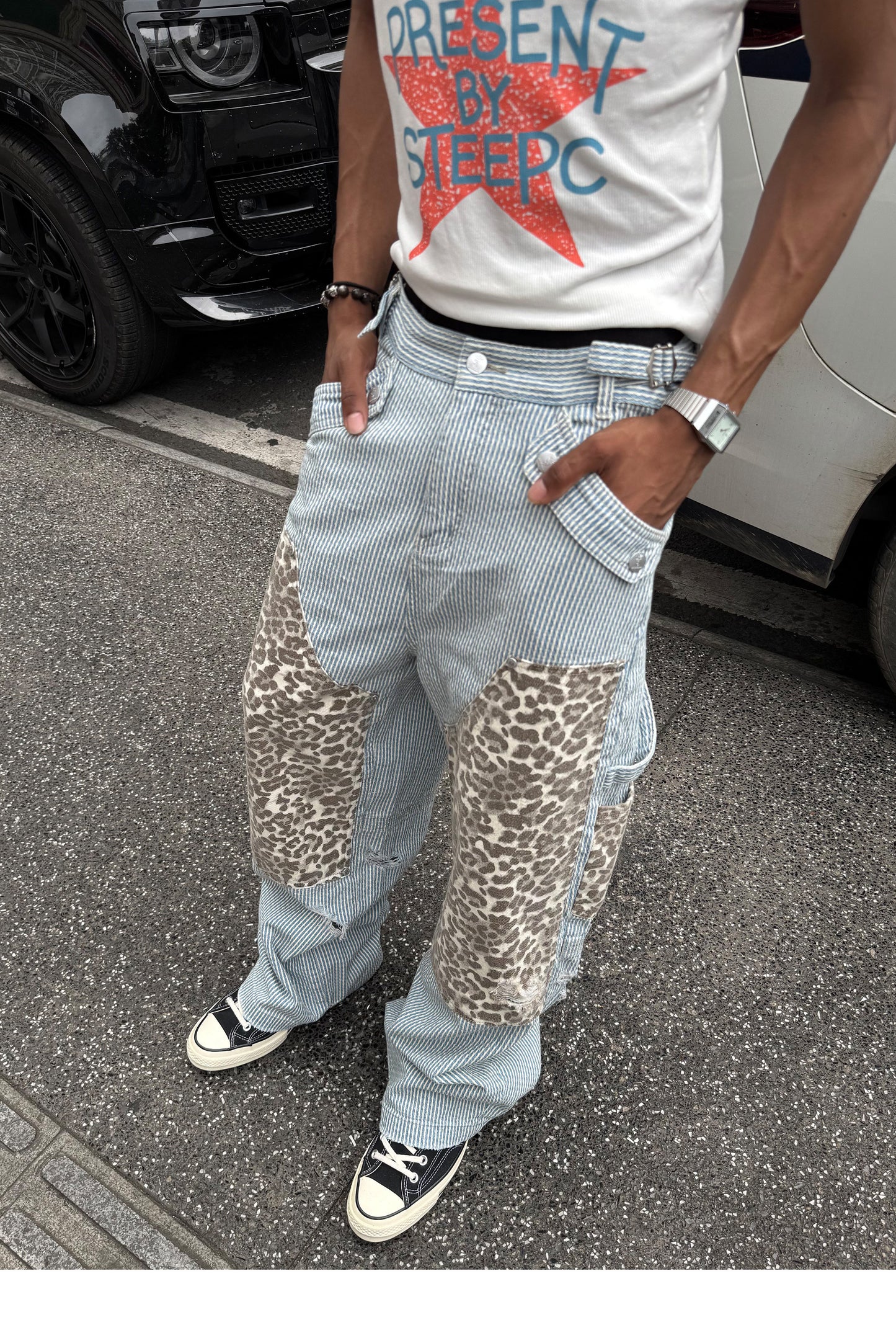 Leopard-Print Patchwork Denim Shorts