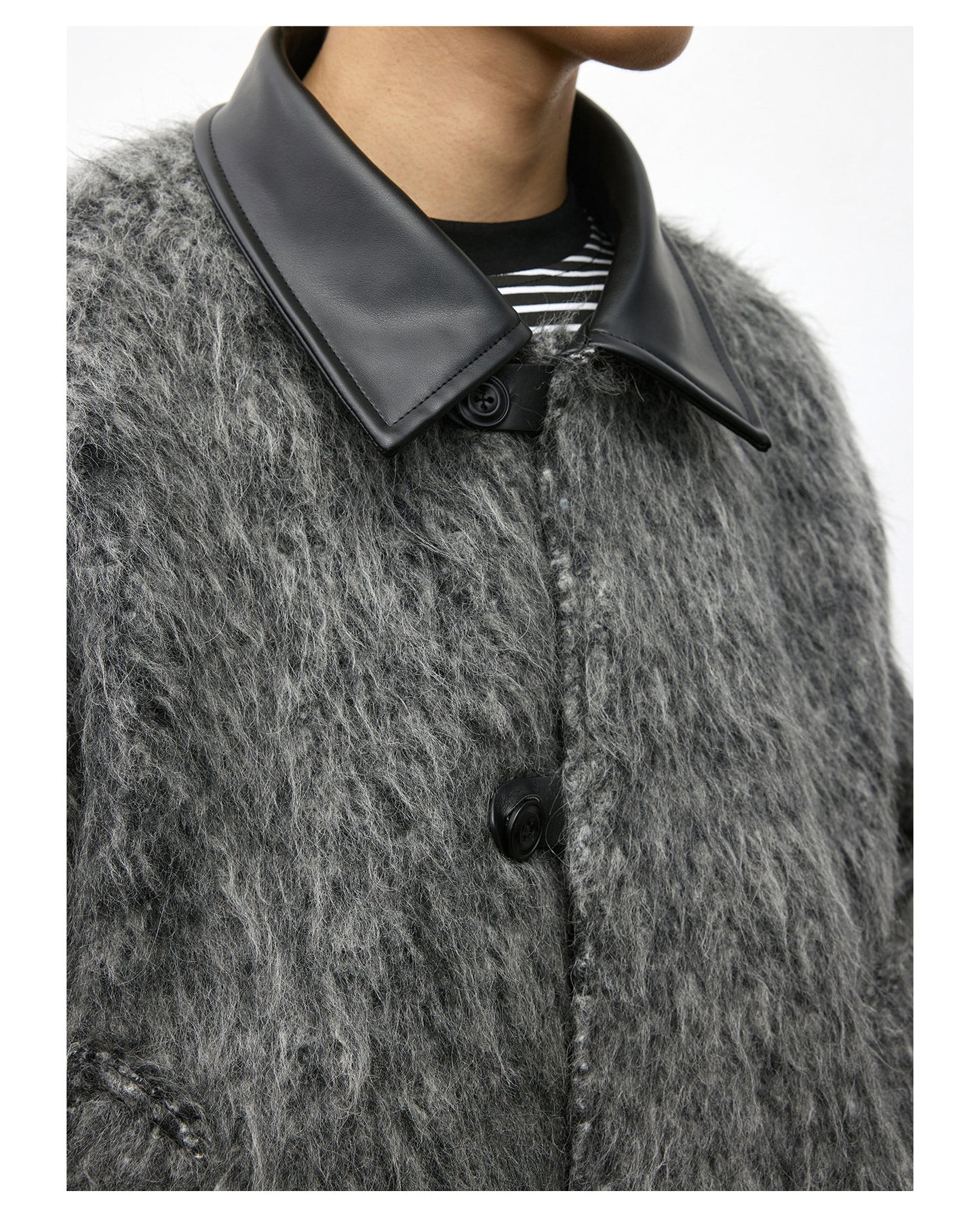 Leather Collar Wool Blend Jacket
