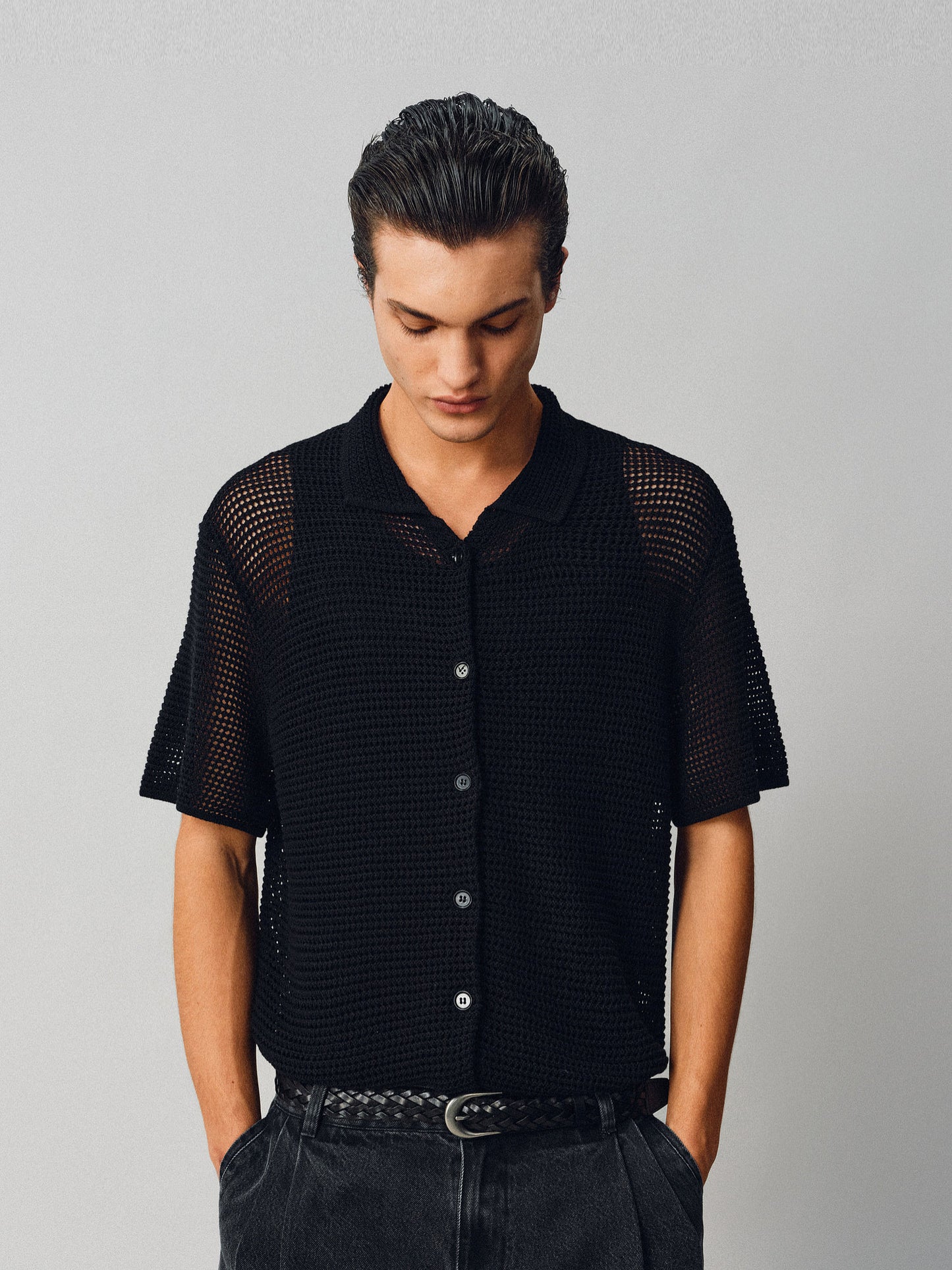 Hollow-knit Button-Down Shirt