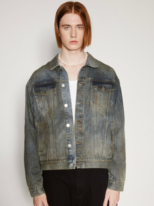 Dirty Dye Wash Damaged Denim Jacket