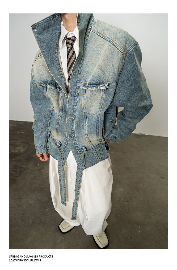 Large Stand Collar Denim Trench Coat