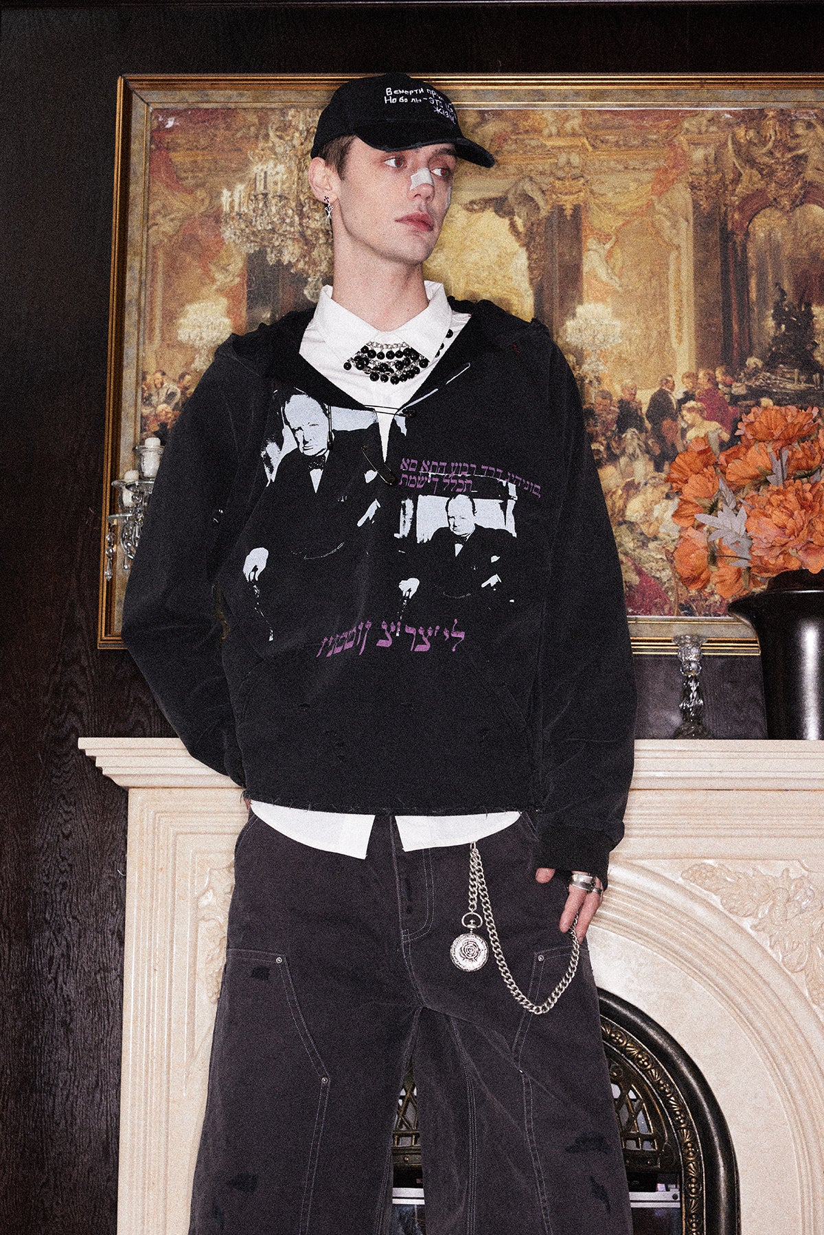 Printed Washed Damaged Hoodie