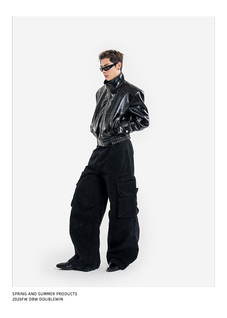 Short Biker Jacket with Stand-Up Collar
