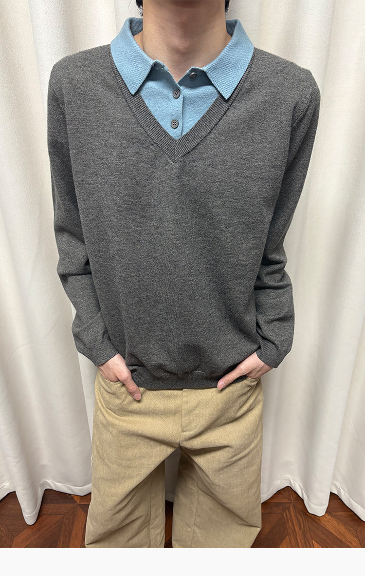 Faux Two-Piece Polo Collar Sweater