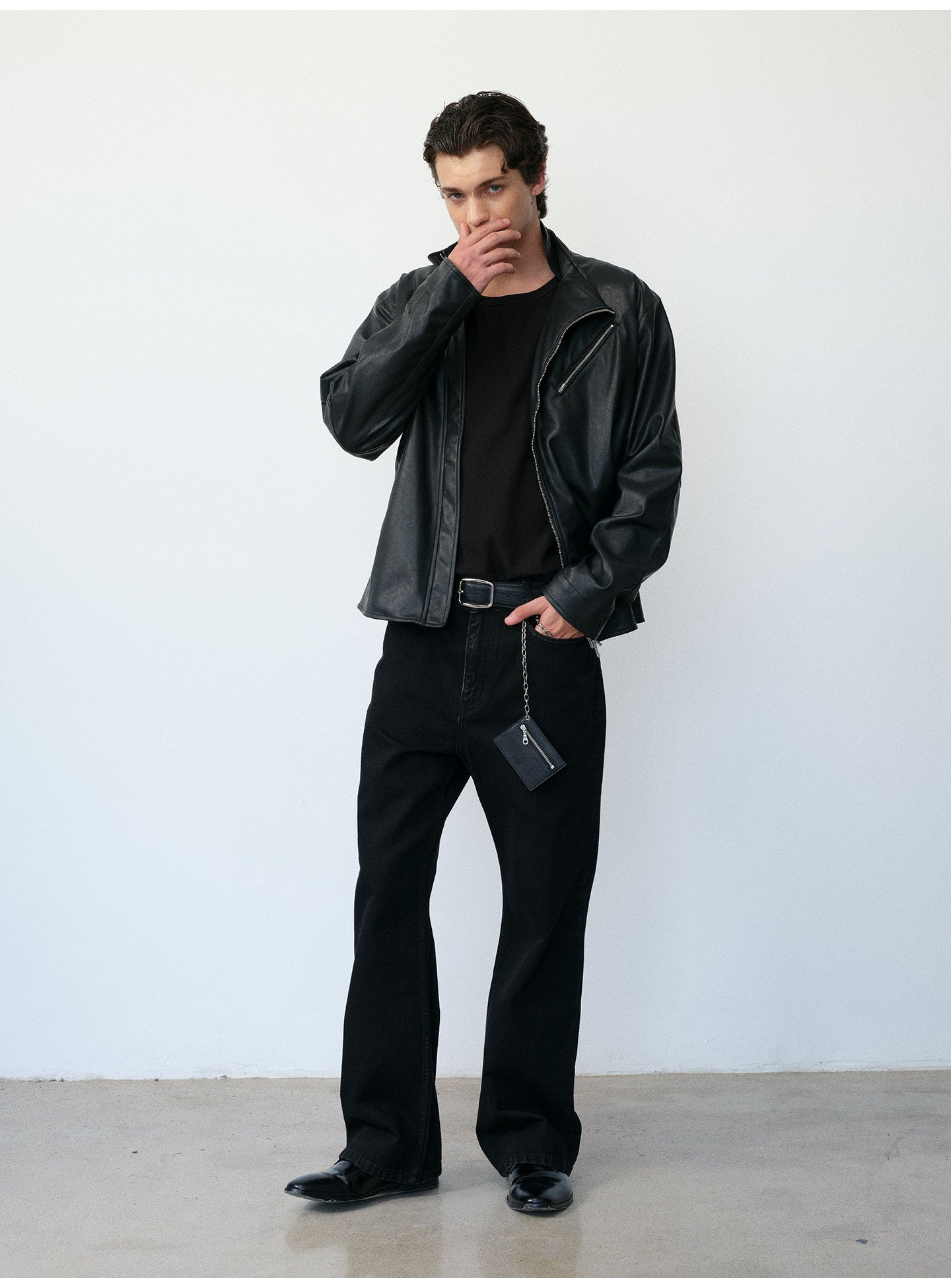 Microfiber-Leather Blend Stand-Collar Jacket
