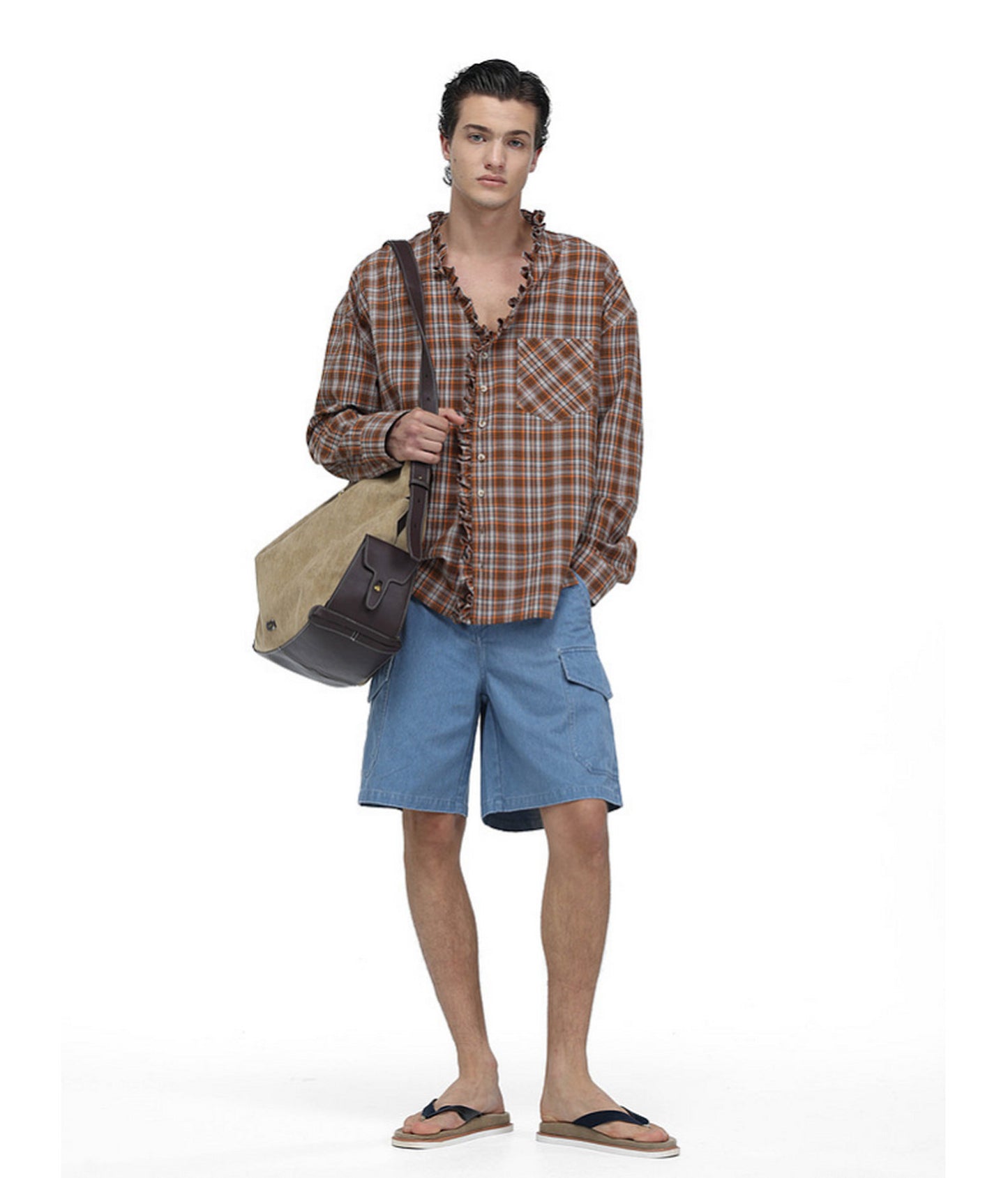 Textured V-Neck Checkered Shirt