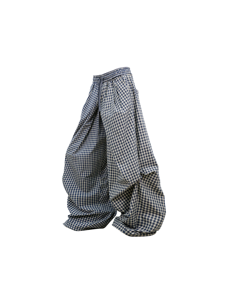 Asymmetrical Cross-Check Ripple-Pleated Casual Pants
