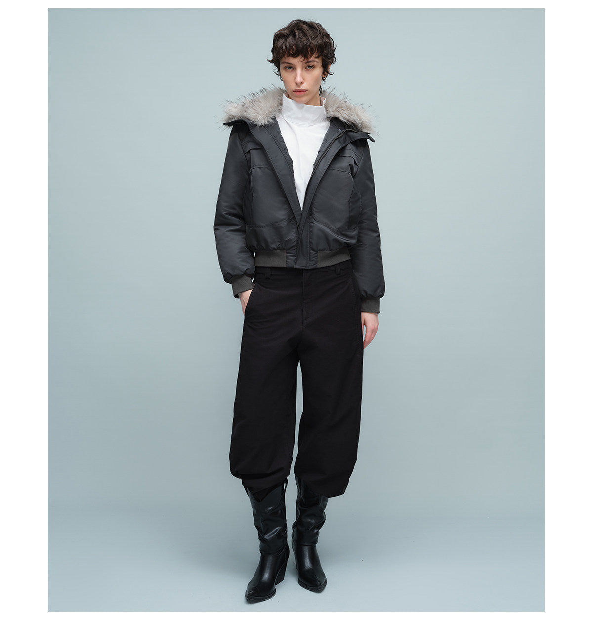 Short Bomber Jacket with Detachable Fur Collar