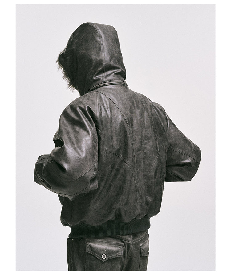 Short leather jacket with detachable hood