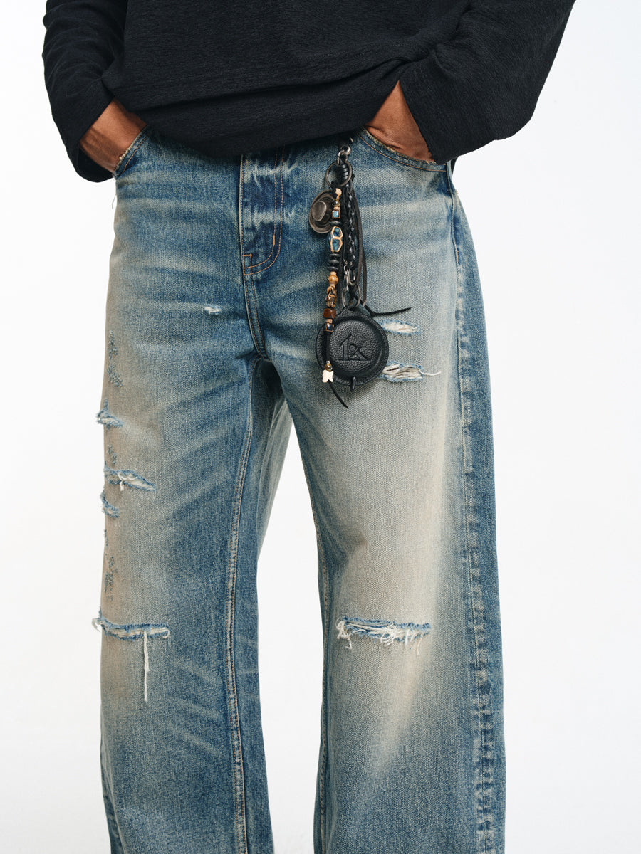 Hand Stitched Ripped Slim Straight Jeans