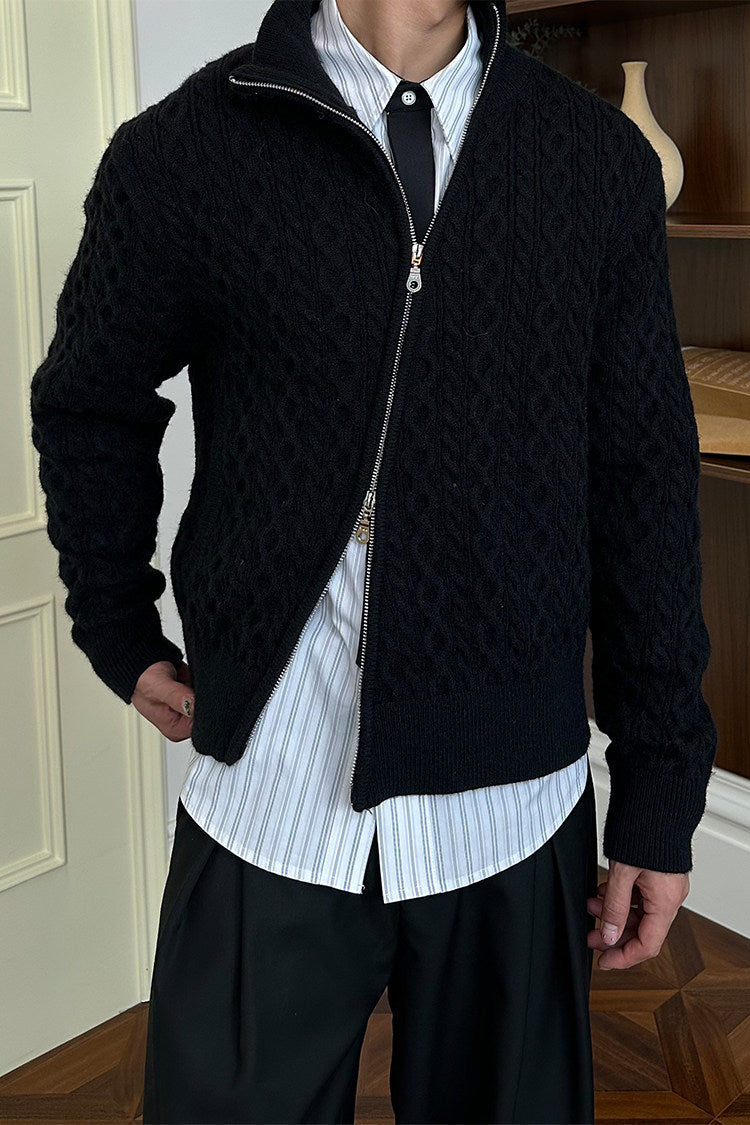 Diagonal Zipper Cable-Knit Cardigan