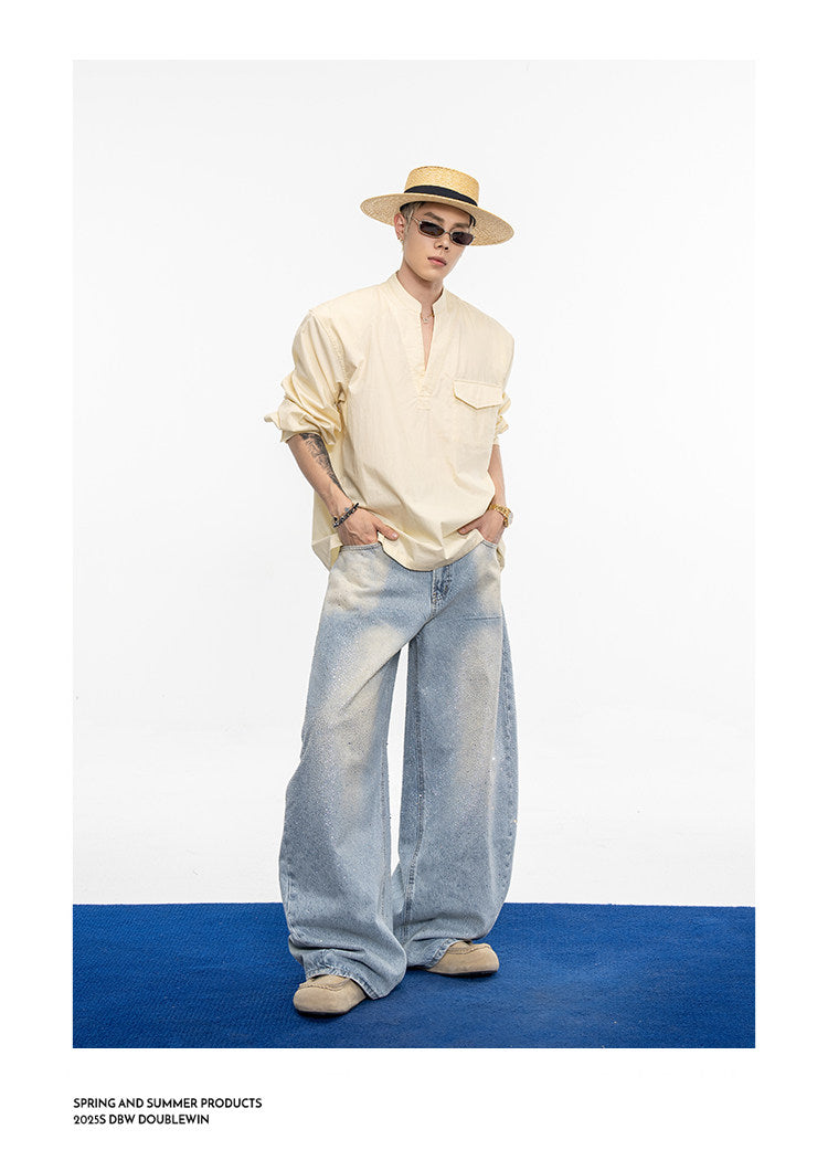 Wash-Finish Wide-Leg Casual Jeans