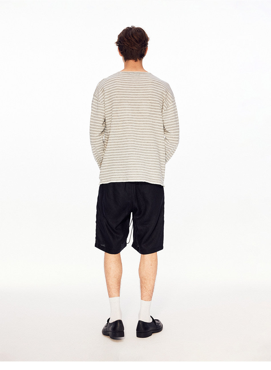 Henry-Collar Linen Striped T-Shirt