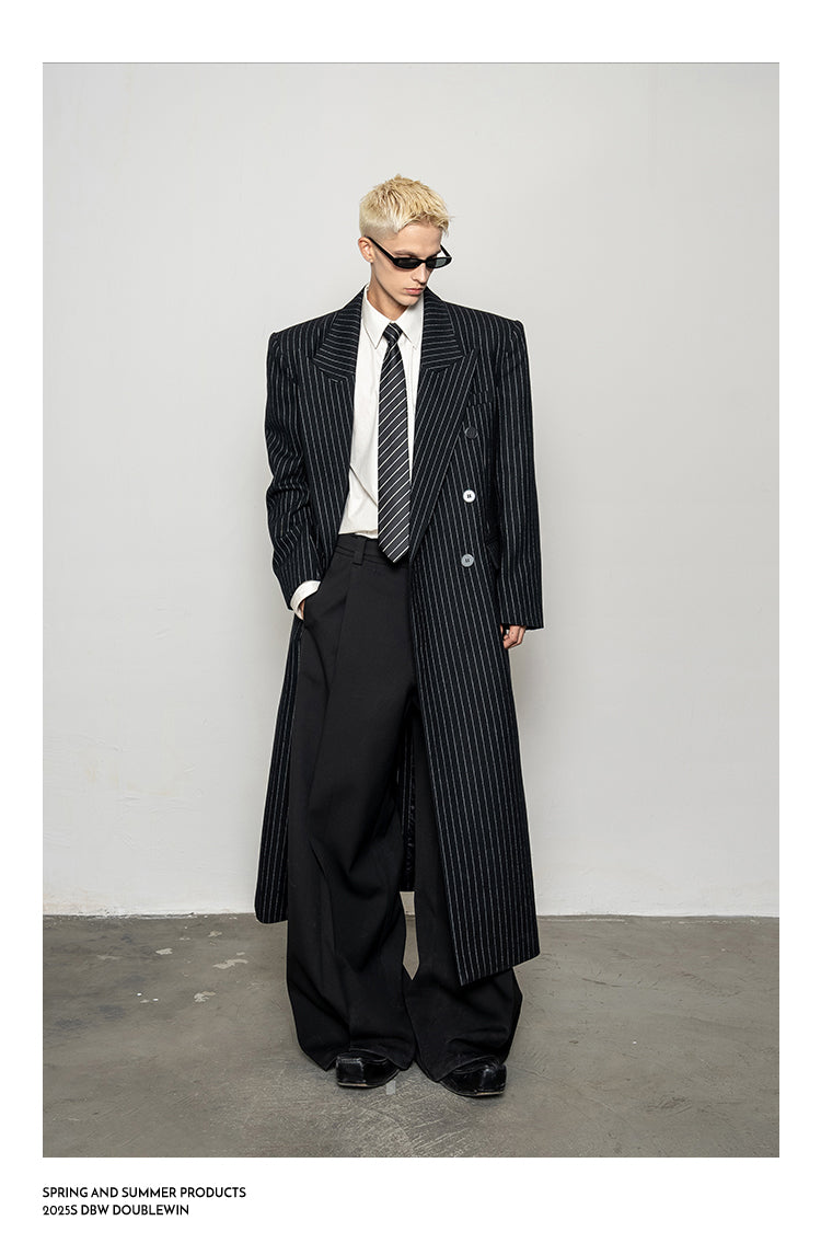 Wool Blend Striped Long Coat