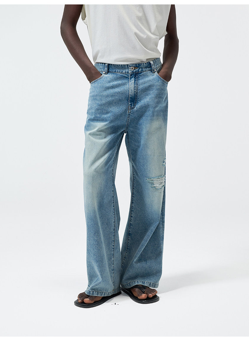 Water-Washed Straight-Leg Lightweight Denim Pants