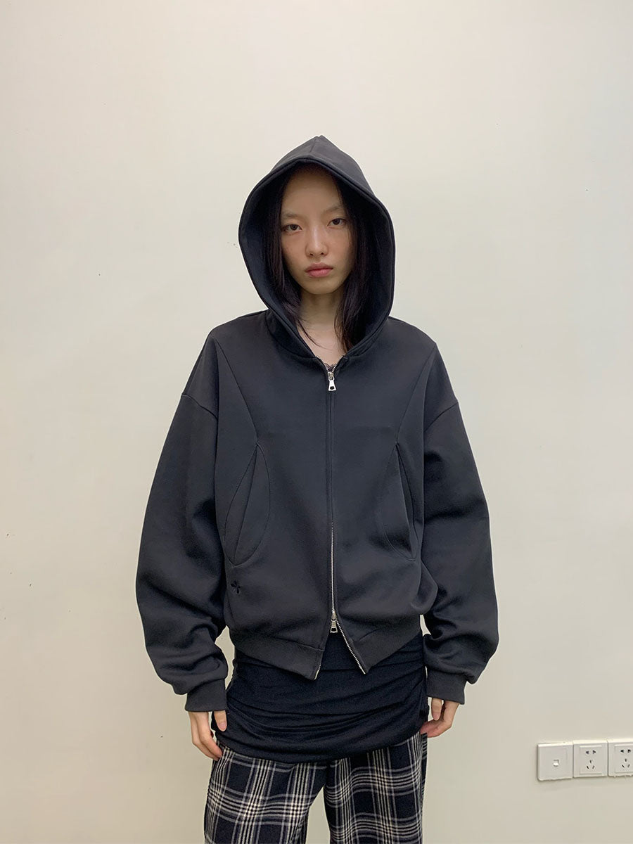 Zipper sweatshirt with drop pocket hood