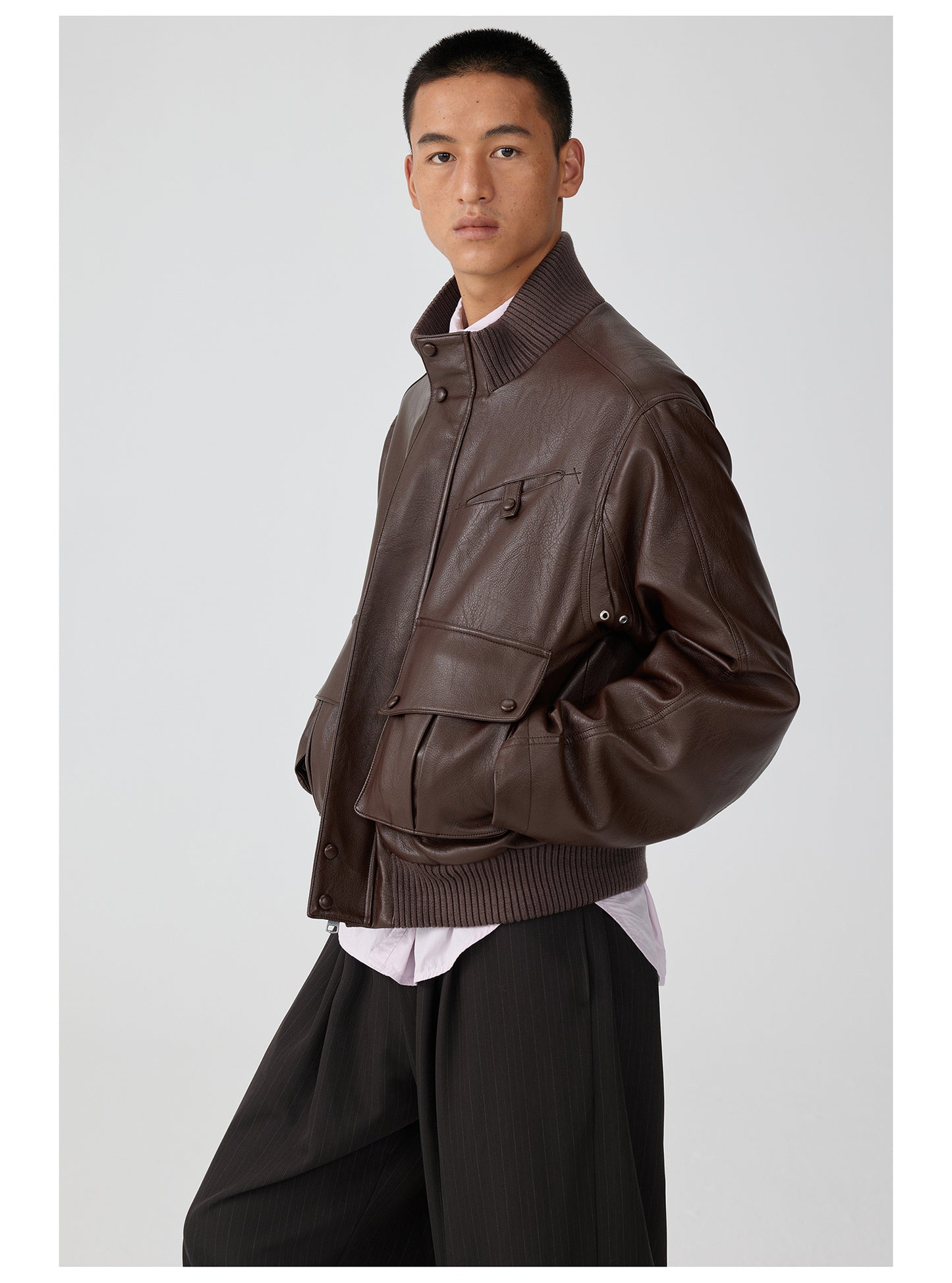 Ribbed stand collar leather jacket